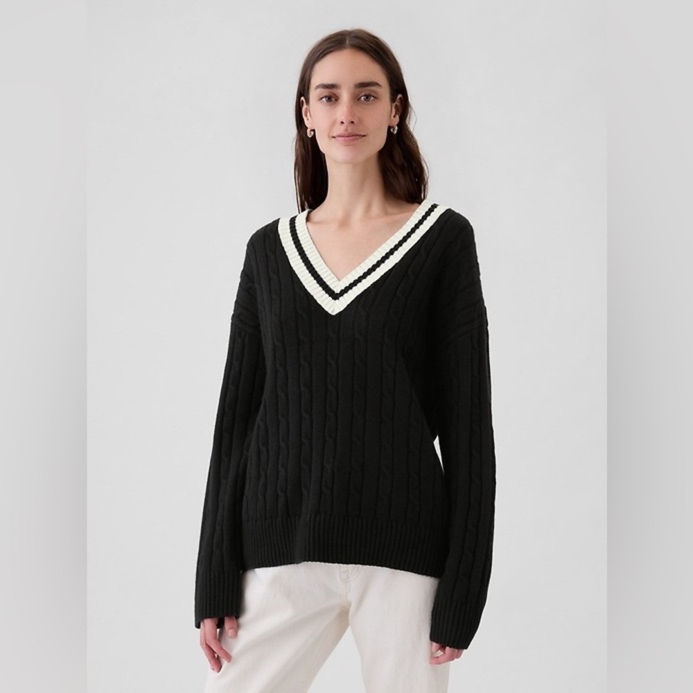 GAP CashSoft Cotton Varsity Navy V-Neck Cable Knit Sweater Collegiate Preppy